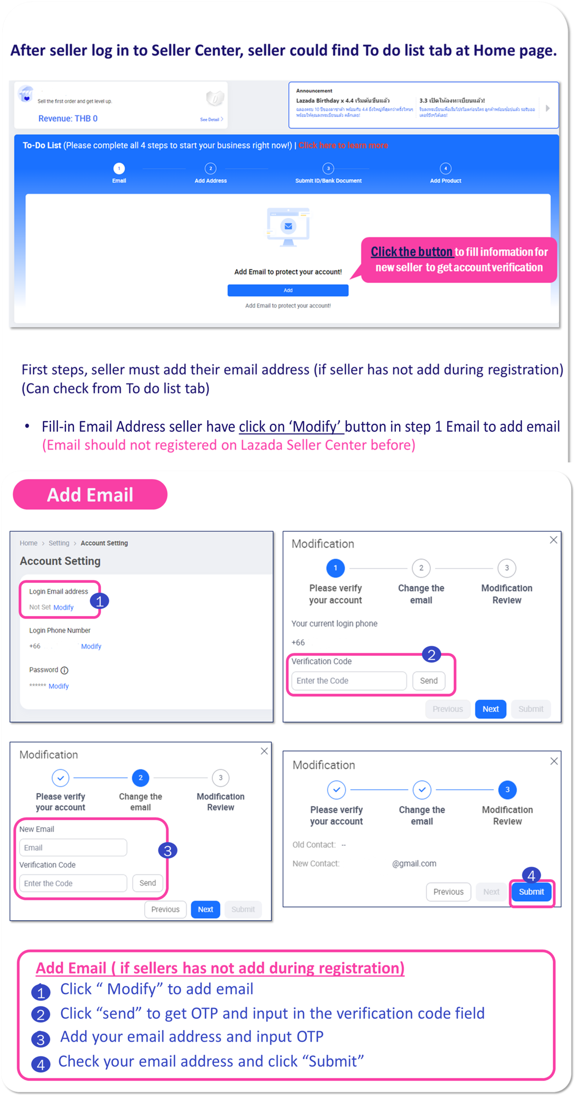 [New Seller] How to get account being verified by Lazada Step 1 Add Email Lazada Seller Center